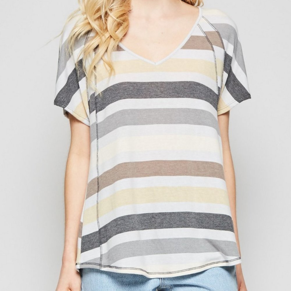 Andree by Unit Mocha Stripes V-neck top 1X-2X NWT